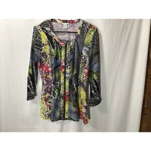 Alberto Makali Mixed Media Crinkle Stretch Zipper Front 1/2 Sleeve Blouse Large